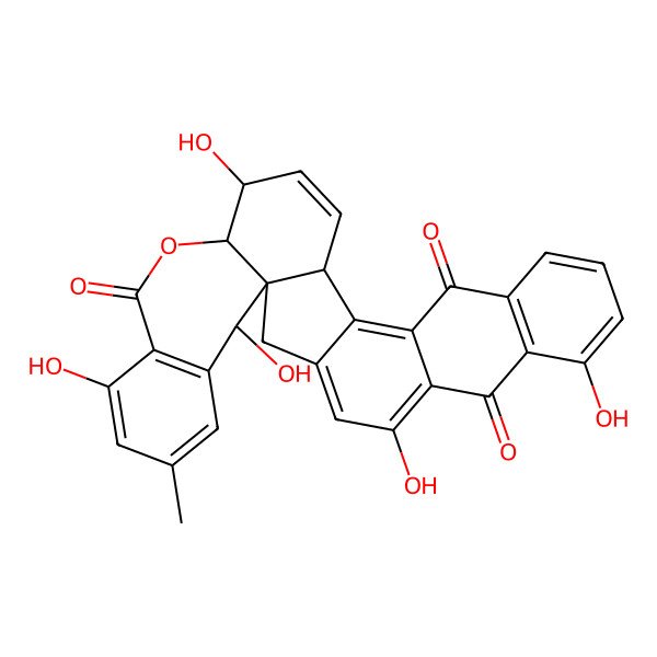 2D Structure of (1S,17R,20S,21S,30S)-5,9,20,25,30-pentahydroxy-27-methyl-22-oxaheptacyclo[15.13.0.01,21.03,16.06,15.08,13.024,29]triaconta-3,5,8(13),9,11,15,18,24(29),25,27-decaene-7,14,23-trione