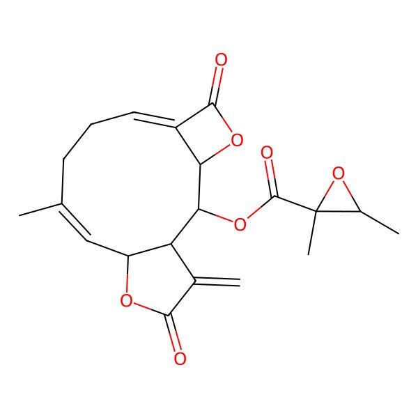 2D Structure of [(1S,2S,3S,6E,10E,12R)-10-methyl-15-methylidene-5,14-dioxo-4,13-dioxatricyclo[10.3.0.03,6]pentadeca-6,10-dien-2-yl] (2S,3R)-2,3-dimethyloxirane-2-carboxylate
