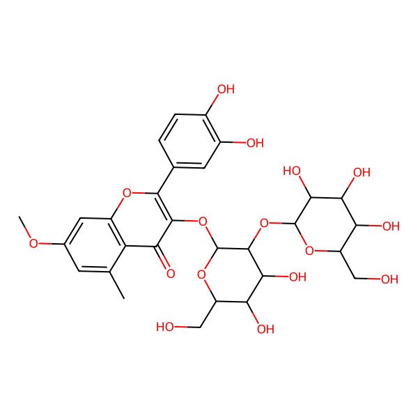 2D Structure of 3-[(2S,3R,4S,5S,6R)-4,5-dihydroxy-6-(hydroxymethyl)-3-[(2S,3S,4S,5S,6R)-3,4,5-trihydroxy-6-(hydroxymethyl)oxan-2-yl]oxyoxan-2-yl]oxy-2-(3,4-dihydroxyphenyl)-7-methoxy-5-methylchromen-4-one