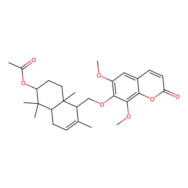 2D Structure of [(2S,4aS,5R,8aR)-5-[(6,8-dimethoxy-2-oxochromen-7-yl)oxymethyl]-1,1,4a,6-tetramethyl-2,3,4,5,8,8a-hexahydronaphthalen-2-yl] acetate