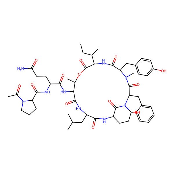 2D Structure of 2-[(1-acetylpyrrolidine-2-carbonyl)amino]-N-[2-benzyl-8-butan-2-yl-21-hydroxy-5-[(4-hydroxyphenyl)methyl]-4,11-dimethyl-15-(2-methylpropyl)-3,6,9,13,16,22-hexaoxo-10-oxa-1,4,7,14,17-pentazabicyclo[16.3.1]docosan-12-yl]pentanediamide