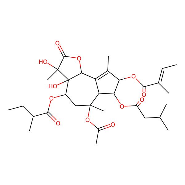 2D Structure of [(3R,3aS,4R,6R,6aS,7R,8R,9bR)-6-acetyloxy-3,3a-dihydroxy-3,6,9-trimethyl-7-(3-methylbutanoyloxy)-8-[(Z)-2-methylbut-2-enoyl]oxy-2-oxo-4,5,6a,7,8,9b-hexahydroazuleno[4,5-b]furan-4-yl] 2-methylbutanoate