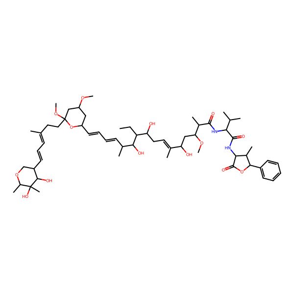 2D Structure of (6E,13E,15E)-16-[(2S,4S,6S)-6-[(3E,5E)-6-[(3S,4S,5S,6R)-4,5-dihydroxy-5,6-dimethyloxan-3-yl]-3-methylhexa-3,5-dienyl]-4,6-dimethoxyoxan-2-yl]-10-ethyl-5,9,11-trihydroxy-3-methoxy-2,6,12-trimethyl-N-[3-methyl-1-[[(3S,4S,5S)-4-methyl-2-oxo-5-phenyloxolan-3-yl]amino]-1-oxobutan-2-yl]hexadeca-6,13,15-trienamide