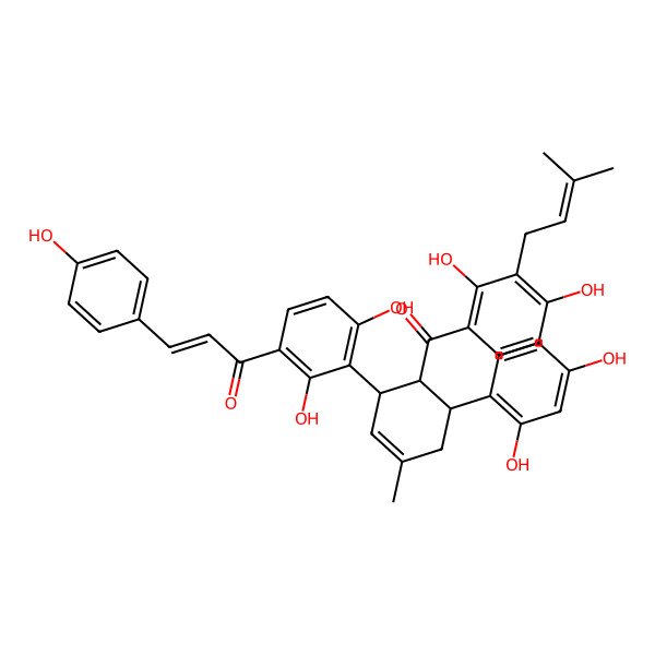 2D Structure of (E)-1-[3-[(1S,5S,6R)-6-[2,4-dihydroxy-3-(3-methylbut-2-enyl)benzoyl]-5-(2,4-dihydroxyphenyl)-3-methylcyclohex-2-en-1-yl]-2,4-dihydroxyphenyl]-3-(4-hydroxyphenyl)prop-2-en-1-one