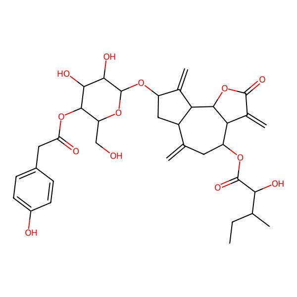 2D Structure of [(3aR,4R,6aR,8S,9aR,9bR)-8-[(2R,3R,4R,5S,6R)-3,4-dihydroxy-6-(hydroxymethyl)-5-[2-(4-hydroxyphenyl)acetyl]oxyoxan-2-yl]oxy-3,6,9-trimethylidene-2-oxo-3a,4,5,6a,7,8,9a,9b-octahydroazuleno[4,5-b]furan-4-yl] (2R,3S)-2-hydroxy-3-methylpentanoate