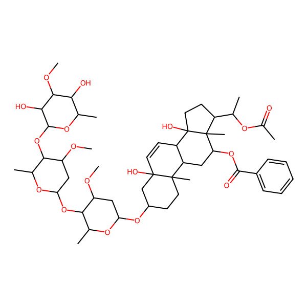 2D Structure of [(3S,8S,9S,10R,12R,13S,14S,17S)-17-[(1S)-1-acetyloxyethyl]-3-[(2R,4S,5R,6R)-5-[(2S,4S,5R,6R)-5-[(2S,3R,4R,5R,6R)-3,5-dihydroxy-4-methoxy-6-methyloxan-2-yl]oxy-4-methoxy-6-methyloxan-2-yl]oxy-4-methoxy-6-methyloxan-2-yl]oxy-5,14-dihydroxy-10,13-dimethyl-2,3,4,8,9,11,12,15,16,17-decahydro-1H-cyclopenta[a]phenanthren-12-yl] benzoate