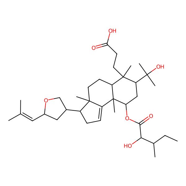 2D Structure of 3-[(3S,3aS,5aR,6S,7R,9R,9aR)-9-[(2R,3R)-2-hydroxy-3-methylpentanoyl]oxy-7-(2-hydroxypropan-2-yl)-3a,6,9a-trimethyl-3-[(3S,5S)-5-(2-methylprop-1-enyl)oxolan-3-yl]-2,3,4,5,5a,7,8,9-octahydrocyclopenta[a]naphthalen-6-yl]propanoic acid