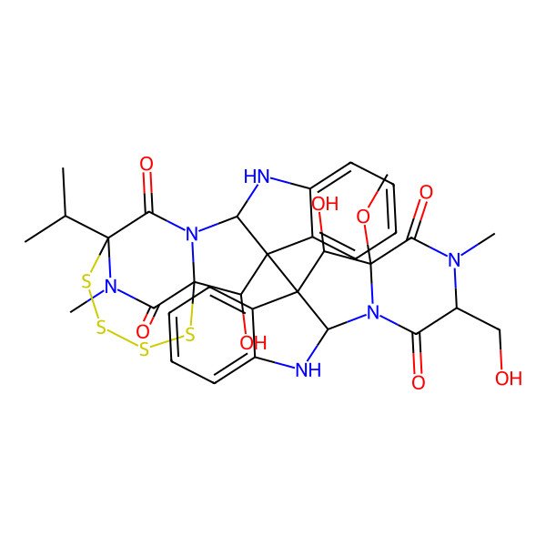 2D Structure of 2-Hydroxy-3-[8-hydroxy-4-(hydroxymethyl)-7-methoxy-5-methyl-3,6-dioxo-2,5,16-triazatetracyclo[7.7.0.02,7.010,15]hexadeca-10,12,14-trien-9-yl]-20-methyl-14-propan-2-yl-15,16,17,18-tetrathia-10,12,20-triazapentacyclo[12.4.2.01,12.03,11.04,9]icosa-4,6,8-triene-13,19-dione