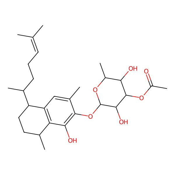 2D Structure of [(2S,3S,4R,5R,6S)-3,5-dihydroxy-2-[[(5R,8S)-1-hydroxy-3,8-dimethyl-5-[(2S)-6-methylhept-5-en-2-yl]-5,6,7,8-tetrahydronaphthalen-2-yl]oxy]-6-methyloxan-4-yl] acetate