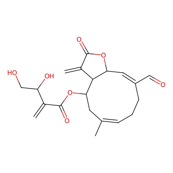 2D Structure of [(3aR,4S,6E,10E,11aR)-10-formyl-6-methyl-3-methylidene-2-oxo-3a,4,5,8,9,11a-hexahydrocyclodeca[b]furan-4-yl] (3S)-3,4-dihydroxy-2-methylidenebutanoate