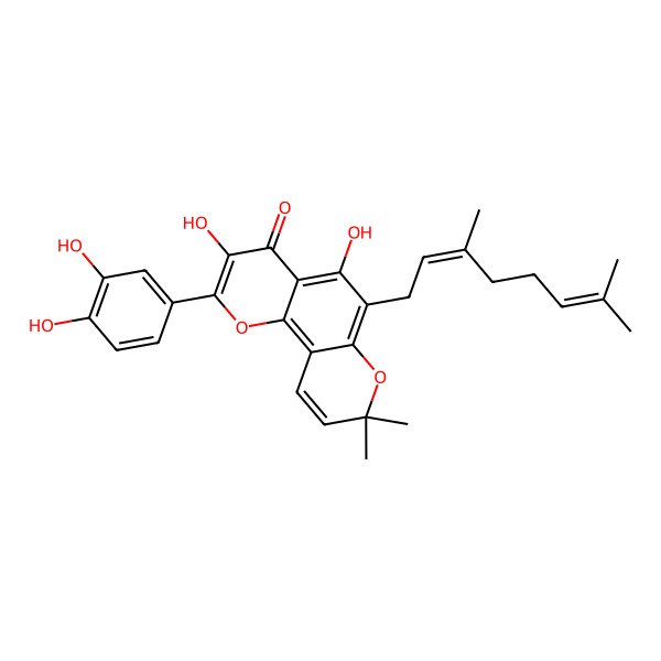 2D Structure of 2-(3,4-dihydroxyphenyl)-6-[(2Z)-3,7-dimethylocta-2,6-dienyl]-3,5-dihydroxy-8,8-dimethyl-pyrano[2,3-h]chromen-4-one