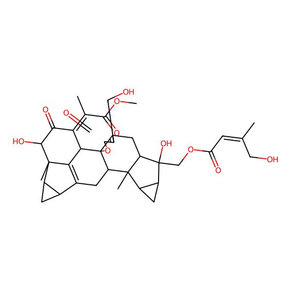 2D Structure of [(1R,2S,8R,9S,10S,12R,13S,14S,17S,19R,20S,21R,23Z)-9,21-dihydroxy-5-(hydroxymethyl)-23-(1-methoxy-1-oxopropan-2-ylidene)-13,20-dimethyl-4,22-dioxo-3-oxaoctacyclo[14.7.1.02,6.02,14.08,13.010,12.017,19.020,24]tetracosa-5,16(24)-dien-9-yl]methyl (E)-4-hydroxy-3-methylbut-2-enoate