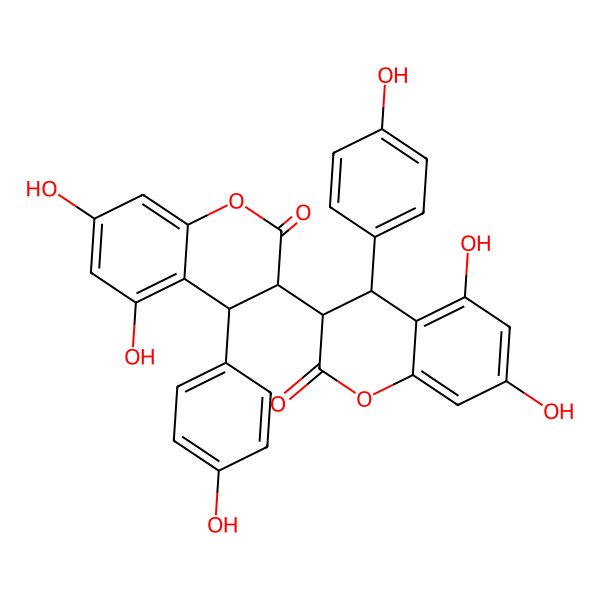 2D Structure of (3R,4S)-3-[(3R,4S)-5,7-dihydroxy-4-(4-hydroxyphenyl)-2-oxo-3,4-dihydrochromen-3-yl]-5,7-dihydroxy-4-(4-hydroxyphenyl)-3,4-dihydrochromen-2-one