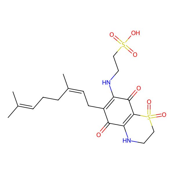 2D Structure of 2-[[6-(3,7-dimethylocta-2,6-dienyl)-1,1,5,8-tetraoxo-3,4-dihydro-2H-1lambda6,4-benzothiazin-7-yl]amino]ethanesulfonic acid