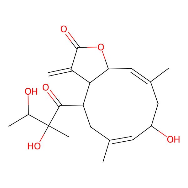 2D Structure of (3aS,4R,6Z,8S,10Z,11aR)-4-(2,3-dihydroxy-2-methylbutanoyl)-8-hydroxy-6,10-dimethyl-3-methylidene-3a,4,5,8,9,11a-hexahydrocyclodeca[b]furan-2-one
