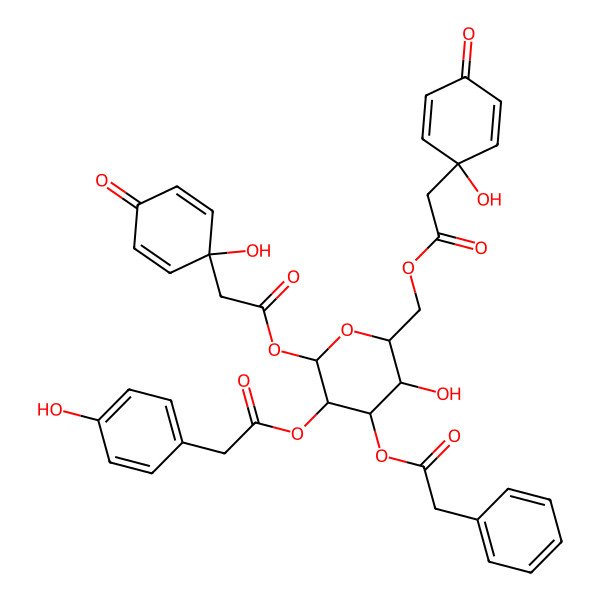 2D Structure of [5-Hydroxy-2-[2-(1-hydroxy-4-oxocyclohexa-2,5-dien-1-yl)acetyl]oxy-6-[[2-(1-hydroxy-4-oxocyclohexa-2,5-dien-1-yl)acetyl]oxymethyl]-3-[2-(4-hydroxyphenyl)acetyl]oxyoxan-4-yl] 2-phenylacetate