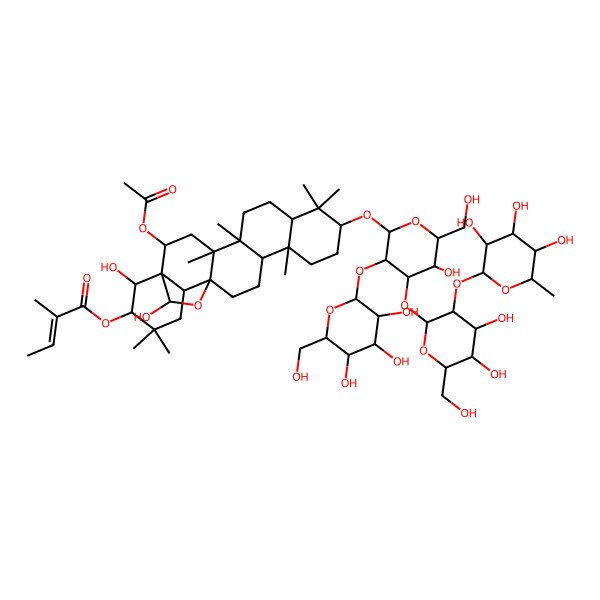 2D Structure of 2-Butenoic acid, 2-methyl-, (3R,4R,4aR,5R,6aS,6bR,10S,12aR,14aS,16S)-5-(acetyloxy)-10-[[O-6-deoxy-alpha-L-mannopyranosyl-(1->2)-O-beta-D-galactopyranosyl-(1->3)-O-[beta-D-galactopyranosyl-(1->2)]-beta-D-glucopyranosyl]oxy]octadecahydro-4,5,16-trihydroxy-2,2,6a,6b,9,9,12a-heptamethyl-2H,5H-14a,4a-(epoxymethano)picen-3-yl ester, (2E)-
