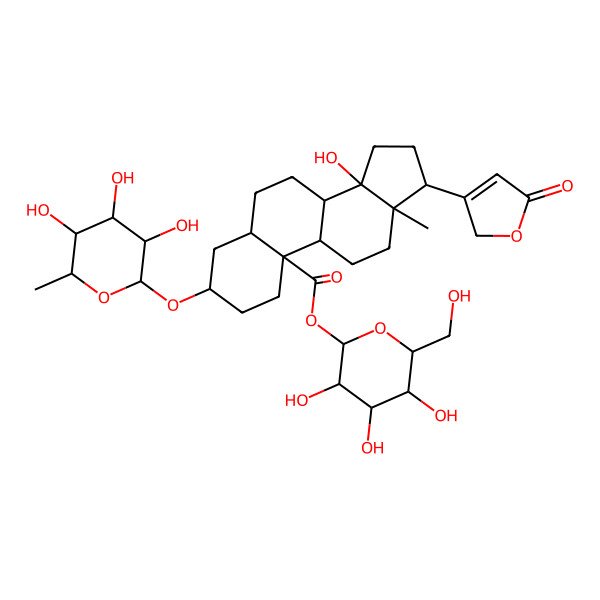 2D Structure of [(2S,3R,4S,5S,6R)-3,4,5-trihydroxy-6-(hydroxymethyl)oxan-2-yl] (3S,5R,8R,9S,10R,13R,14S,17R)-14-hydroxy-13-methyl-17-(5-oxo-2H-furan-3-yl)-3-[(2R,3R,4R,5R,6S)-3,4,5-trihydroxy-6-methyloxan-2-yl]oxy-1,2,3,4,5,6,7,8,9,11,12,15,16,17-tetradecahydrocyclopenta[a]phenanthrene-10-carboxylate