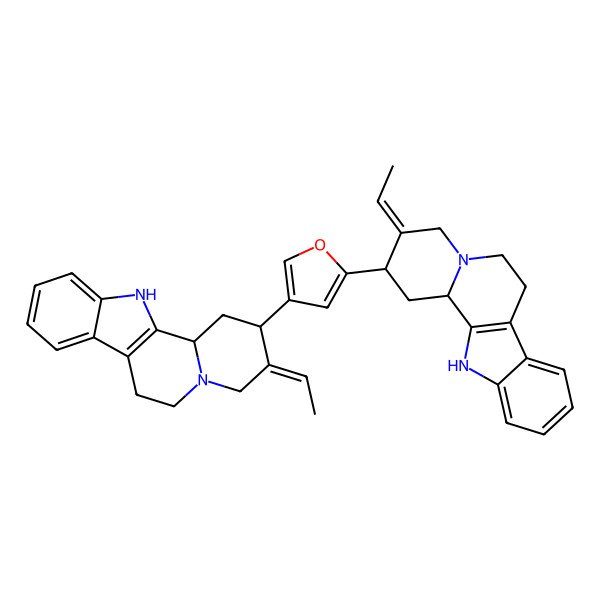 2D Structure of (2S,3E,12bR)-2-[4-[(2S,3E,12bS)-3-ethylidene-2,4,6,7,12,12b-hexahydro-1H-indolo[2,3-a]quinolizin-2-yl]furan-2-yl]-3-ethylidene-2,4,6,7,12,12b-hexahydro-1H-indolo[2,3-a]quinolizine