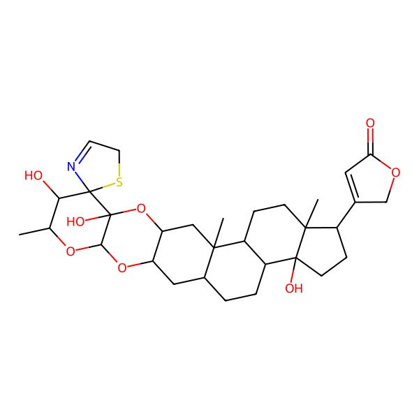 2D Structure of Card-20(22)-enolide, 2,3-((6,10-dihydroxy-9-methyl-8-oxa-1-thia-4-azaspiro(4.5)dec-3-ene-6,7-diyl)bis(oxy))-14-hydroxy-, (2-alpha(7S,9R),3-beta,5-alpha)-