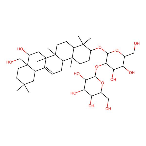 2D Structure of (2S,3R,4S,5S,6R)-2-[(2R,3R,4S,5R,6R)-2-[[(3S,4aR,6aR,6bS,8S,8aS,12aR,14aR,14bR)-8-hydroxy-8a-(hydroxymethyl)-4,4,6a,6b,11,11,14b-heptamethyl-1,2,3,4a,5,6,7,8,9,10,12,12a,14,14a-tetradecahydropicen-3-yl]oxy]-4,5-dihydroxy-6-(hydroxymethyl)oxan-3-yl]oxy-6-(hydroxymethyl)oxane-3,4,5-triol