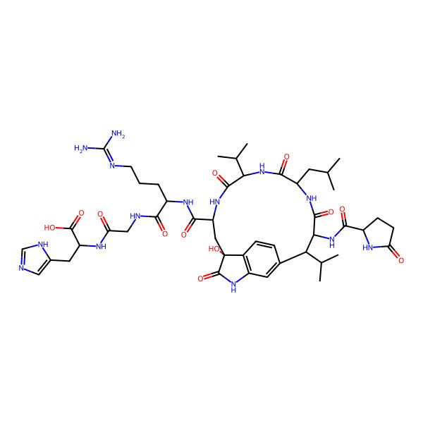 2D Structure of (2S)-2-[[2-[[(2S)-5-(diaminomethylideneamino)-2-[[(4R,6S,9S,12S,15S,16R)-4-hydroxy-12-(2-methylpropyl)-3,8,11,14-tetraoxo-15-[[(2S)-5-oxopyrrolidine-2-carbonyl]amino]-9,16-di(propan-2-yl)-2,7,10,13-tetrazatricyclo[15.3.1.04,20]henicosa-1(20),17(21),18-triene-6-carbonyl]amino]pentanoyl]amino]acetyl]amino]-3-(1H-imidazol-5-yl)propanoic acid