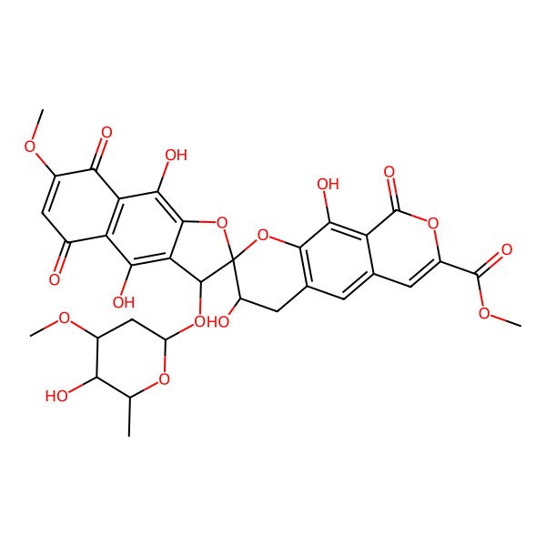 2D Structure of methyl 3,4',9',10-tetrahydroxy-3'-(5-hydroxy-4-methoxy-6-methyloxan-2-yl)oxy-7'-methoxy-5',8',9-trioxospiro[3,4-dihydropyrano[4,3-g]chromene-2,2'-3H-benzo[f][1]benzofuran]-7-carboxylate