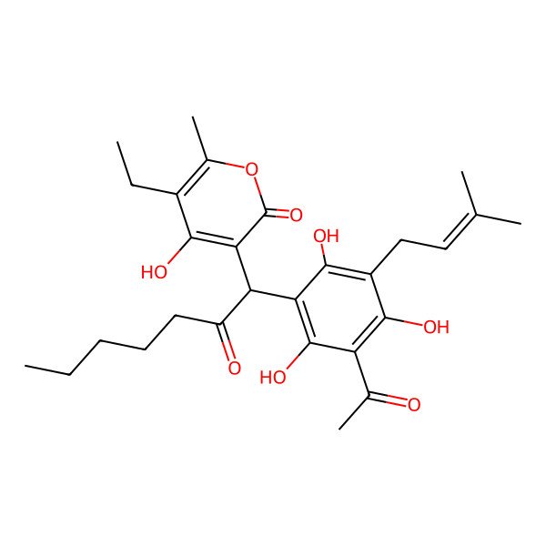 2D Structure of 3-[1-[3-Acetyl-2,4,6-trihydroxy-5-(3-methylbut-2-enyl)phenyl]-2-oxoheptyl]-5-ethyl-4-hydroxy-6-methylpyran-2-one