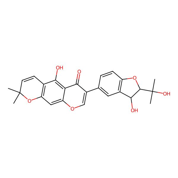 2D Structure of 5-hydroxy-7-[(2S,3R)-3-hydroxy-2-(2-hydroxypropan-2-yl)-2,3-dihydro-1-benzofuran-5-yl]-2,2-dimethylpyrano[3,2-g]chromen-6-one