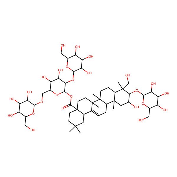 2D Structure of [(2S,3R,4S,5S,6R)-4,5-dihydroxy-3-[(2R,3R,4S,5S,6R)-3,4,5-trihydroxy-6-(hydroxymethyl)oxan-2-yl]oxy-6-[[(2R,3R,4S,5S,6R)-3,4,5-trihydroxy-6-(hydroxymethyl)oxan-2-yl]oxymethyl]oxan-2-yl] (4aS,6aR,6aS,6bR,8aR,9R,10R,11S,12aR,14bS)-11-hydroxy-9-(hydroxymethyl)-2,2,6a,6b,9,12a-hexamethyl-10-[(2R,3R,4S,5S,6R)-3,4,5-trihydroxy-6-(hydroxymethyl)oxan-2-yl]oxy-1,3,4,5,6,6a,7,8,8a,10,11,12,13,14b-tetradecahydropicene-4a-carboxylate