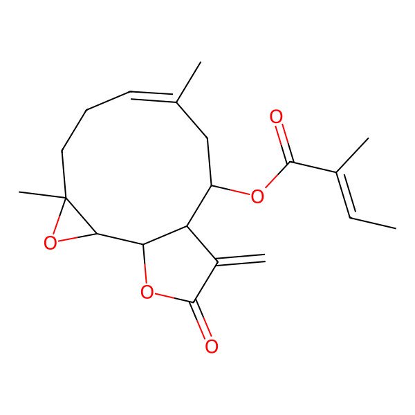 2D Structure of [(1R,2S,4S,7E,10S,11R)-4,8-dimethyl-12-methylidene-13-oxo-3,14-dioxatricyclo[9.3.0.02,4]tetradec-7-en-10-yl] (Z)-2-methylbut-2-enoate