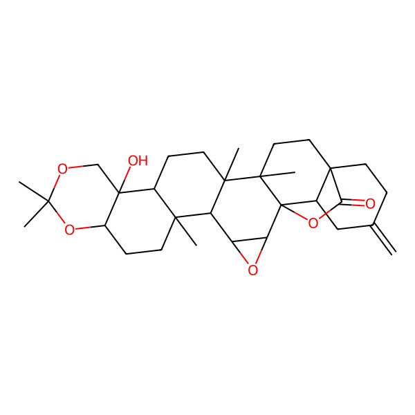2D Structure of 14-Hydroxy-6,11,11,18,19-pentamethyl-25-methylidene-3,10,12,28-tetraoxaoctacyclo[20.5.2.01,19.02,4.05,18.06,15.09,14.022,27]nonacosan-29-one