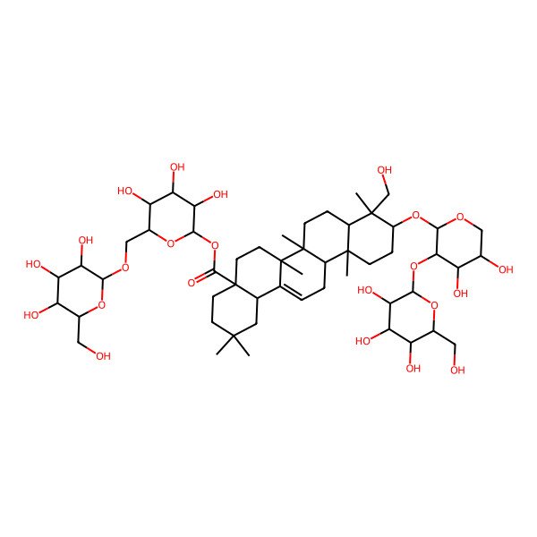 2D Structure of [3,4,5-Trihydroxy-6-[[3,4,5-trihydroxy-6-(hydroxymethyl)oxan-2-yl]oxymethyl]oxan-2-yl] 10-[4,5-dihydroxy-3-[3,4,5-trihydroxy-6-(hydroxymethyl)oxan-2-yl]oxyoxan-2-yl]oxy-9-(hydroxymethyl)-2,2,6a,6b,9,12a-hexamethyl-1,3,4,5,6,6a,7,8,8a,10,11,12,13,14b-tetradecahydropicene-4a-carboxylate
