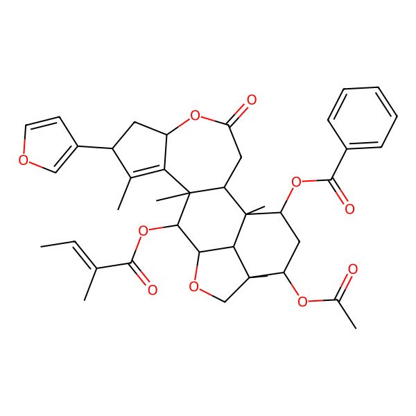 2D Structure of [17-Acetyloxy-8-(furan-3-yl)-1,9,11,16-tetramethyl-12-(2-methylbut-2-enoyloxy)-4-oxo-5,14-dioxapentacyclo[11.6.1.02,11.06,10.016,20]icos-9-en-19-yl] benzoate