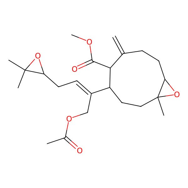 2D Structure of methyl (1S,4S,5R,9S)-4-[1-acetyloxy-4-(3,3-dimethyloxiran-2-yl)but-2-en-2-yl]-1-methyl-6-methylidene-10-oxabicyclo[7.1.0]decane-5-carboxylate