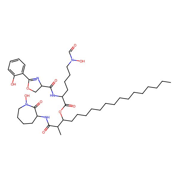 2D Structure of [(2R,3S)-1-[[(3R)-1-hydroxy-2-oxoazepan-3-yl]amino]-2-methyl-1-oxooctadecan-3-yl] (2R)-6-[formyl(hydroxy)amino]-2-[[(4R)-2-(2-hydroxyphenyl)-4,5-dihydro-1,3-oxazole-4-carbonyl]amino]hexanoate