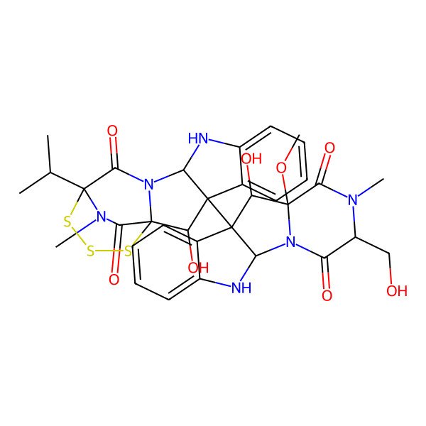 2D Structure of 2-Hydroxy-3-[8-hydroxy-4-(hydroxymethyl)-7-methoxy-5-methyl-3,6-dioxo-2,5,16-triazatetracyclo[7.7.0.02,7.010,15]hexadeca-10,12,14-trien-9-yl]-19-methyl-14-propan-2-yl-15,16,17-trithia-10,12,19-triazapentacyclo[12.3.2.01,12.03,11.04,9]nonadeca-4,6,8-triene-13,18-dione