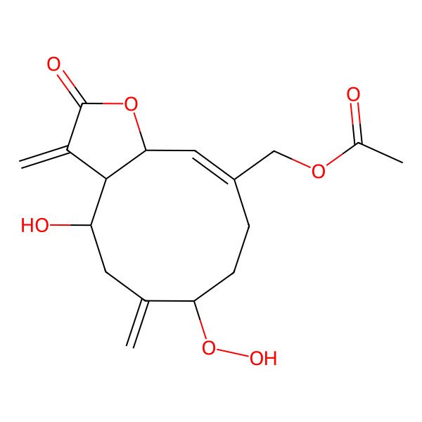 2D Structure of (7-hydroperoxy-4-hydroxy-3,6-dimethylidene-2-oxo-4,5,7,8,9,11a-hexahydro-3aH-cyclodeca[b]furan-10-yl)methyl acetate