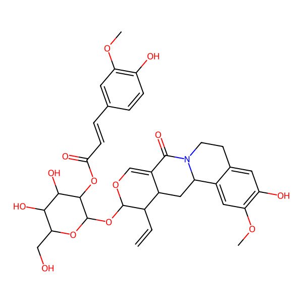 2D Structure of [2-[(16-Ethenyl-5-hydroxy-4-methoxy-11-oxo-14-oxa-10-azatetracyclo[8.8.0.02,7.012,17]octadeca-2,4,6,12-tetraen-15-yl)oxy]-4,5-dihydroxy-6-(hydroxymethyl)oxan-3-yl] 3-(4-hydroxy-3-methoxyphenyl)prop-2-enoate