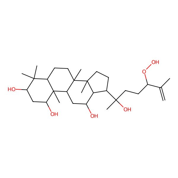 2D Structure of 17-(5-hydroperoxy-2-hydroxy-6-methylhept-6-en-2-yl)-4,4,8,10,14-pentamethyl-2,3,5,6,7,9,11,12,13,15,16,17-dodecahydro-1H-cyclopenta[a]phenanthrene-1,3,12-triol