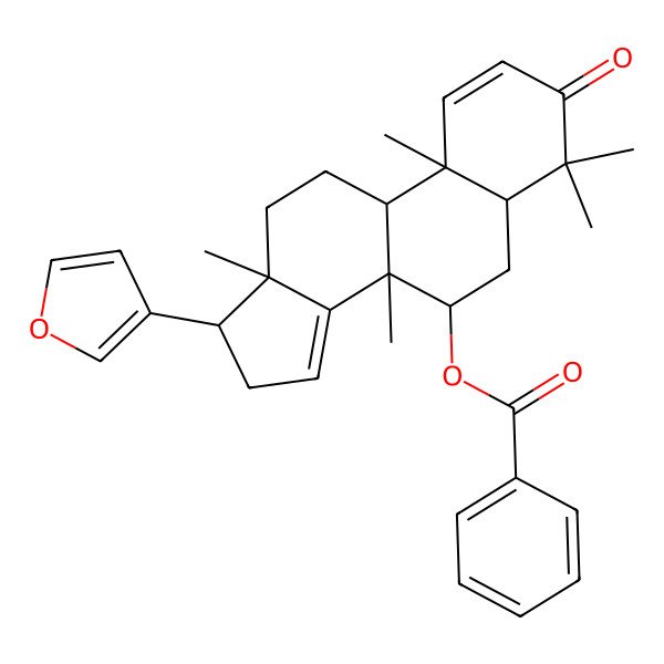 2D Structure of [17-(Furan-3-yl)-4,4,8,10,13-pentamethyl-3-oxo-5,6,7,9,11,12,16,17-octahydrocyclopenta[a]phenanthren-7-yl] benzoate
