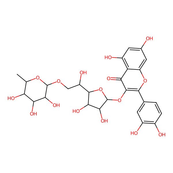 2D Structure of 3-[(2S,3R,4S,5S)-3,4-dihydroxy-5-[(1R)-1-hydroxy-2-[(2S,3S,4S,5R,6S)-3,4,5-trihydroxy-6-methyloxan-2-yl]oxyethyl]oxolan-2-yl]oxy-2-(3,4-dihydroxyphenyl)-5,7-dihydroxychromen-4-one