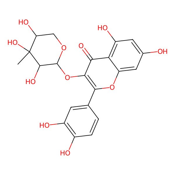 2D Structure of 2-(3,4-dihydroxyphenyl)-5,7-dihydroxy-3-[(2S,3R,4R,5S)-3,4,5-trihydroxy-4-methyloxan-2-yl]oxychromen-4-one