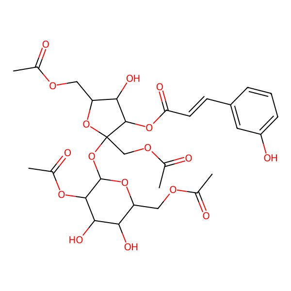 2D Structure of [(2S,3S,4R,5R)-2-[(2R,3R,4S,5S,6R)-3-acetyloxy-6-(acetyloxymethyl)-4,5-dihydroxyoxan-2-yl]oxy-2,5-bis(acetyloxymethyl)-4-hydroxyoxolan-3-yl] (Z)-3-(3-hydroxyphenyl)prop-2-enoate
