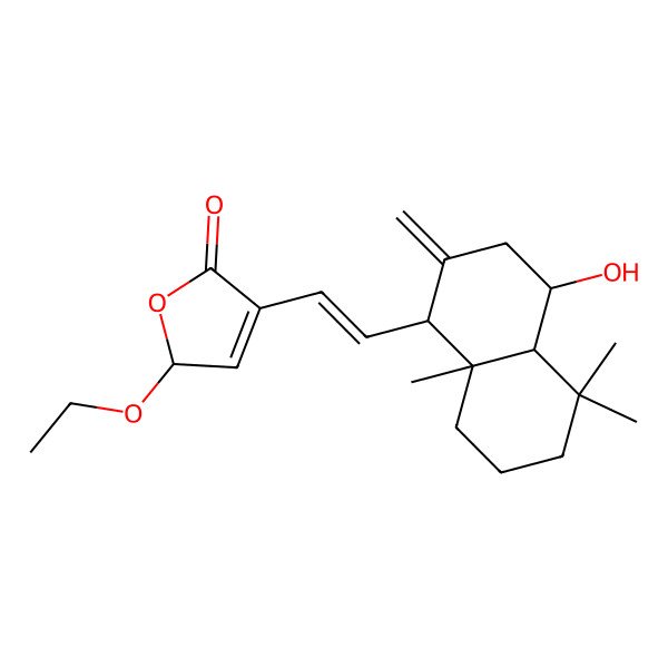 2D Structure of 2-ethoxy-4-[2-(4-hydroxy-5,5,8a-trimethyl-2-methylidene-3,4,4a,6,7,8-hexahydro-1H-naphthalen-1-yl)ethenyl]-2H-furan-5-one