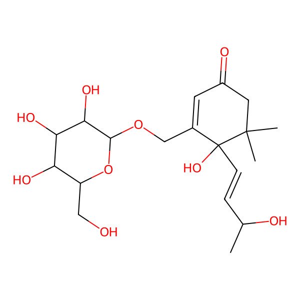 2D Structure of 4-Hydroxy-4-(3-hydroxybut-1-enyl)-5,5-dimethyl-3-[[3,4,5-trihydroxy-6-(hydroxymethyl)oxan-2-yl]oxymethyl]cyclohex-2-en-1-one