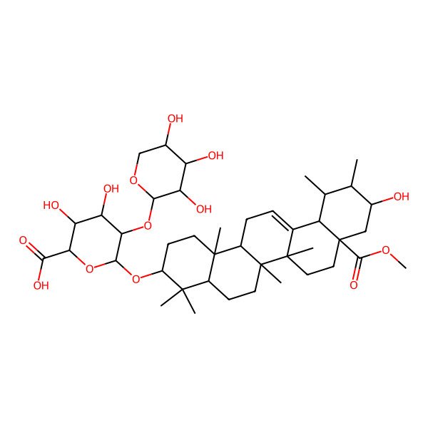 2D Structure of 3,4-dihydroxy-6-[(10-hydroxy-8a-methoxycarbonyl-4,4,6a,6b,11,12,14b-heptamethyl-2,3,4a,5,6,7,8,9,10,11,12,12a,14,14a-tetradecahydro-1H-picen-3-yl)oxy]-5-(3,4,5-trihydroxyoxan-2-yl)oxyoxane-2-carboxylic acid