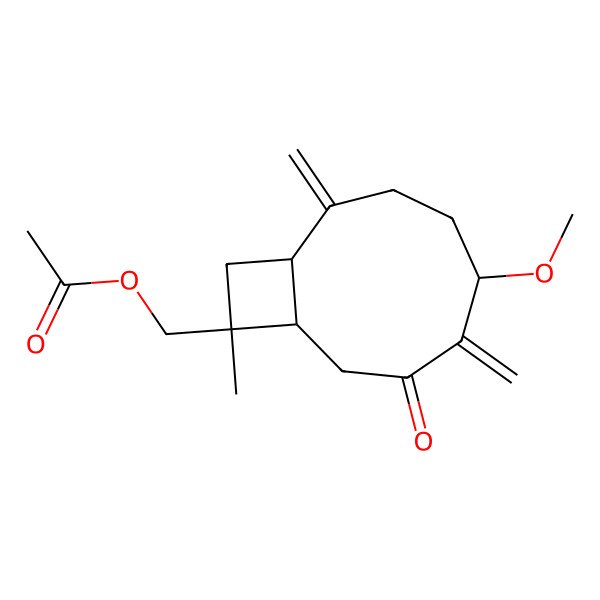 2D Structure of [(1R,5S,9R,10S)-5-methoxy-10-methyl-2,6-dimethylidene-7-oxo-10-bicyclo[7.2.0]undecanyl]methyl acetate