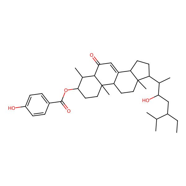 2D Structure of [(3S,4S,5S,9R,10R,13R,14R,17R)-17-[(2S,3R,5R)-5-ethyl-3-hydroxy-6-methylheptan-2-yl]-4,10,13-trimethyl-6-oxo-1,2,3,4,5,9,11,12,14,15,16,17-dodecahydrocyclopenta[a]phenanthren-3-yl] 4-hydroxybenzoate