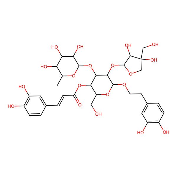 2D Structure of [(2R,3R,4S,5R,6R)-5-[(2S,3R,4R)-3,4-dihydroxy-4-(hydroxymethyl)oxolan-2-yl]oxy-6-[2-(3,4-dihydroxyphenyl)ethoxy]-2-(hydroxymethyl)-4-[(2S,3R,4R,5R,6S)-3,4,5-trihydroxy-6-methyloxan-2-yl]oxyoxan-3-yl] (E)-3-(3,4-dihydroxyphenyl)prop-2-enoate